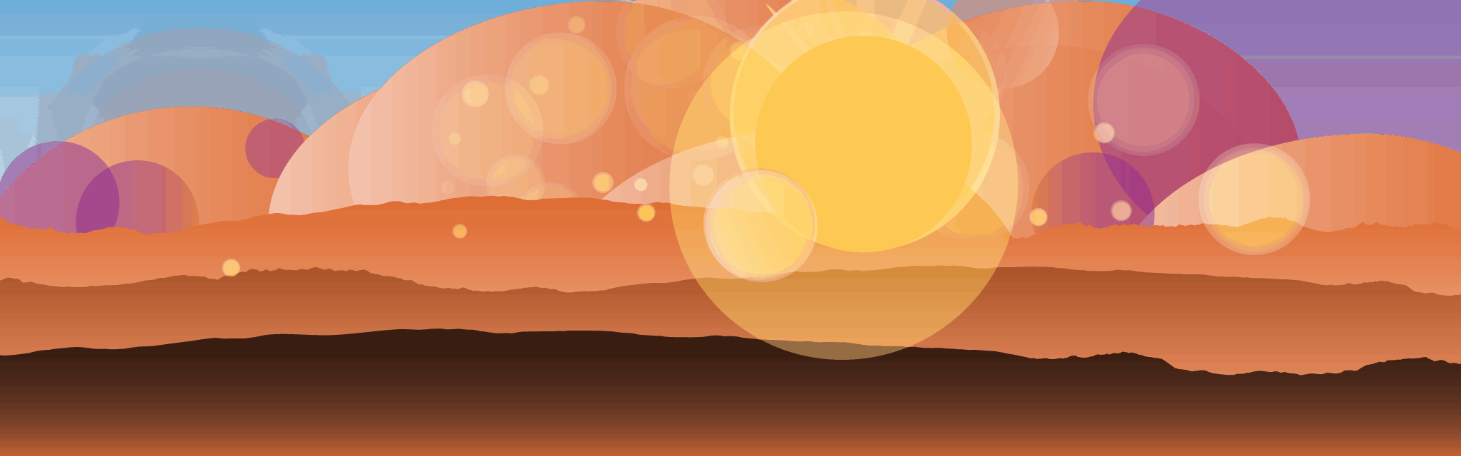 Graphic illustration of a sunset over moutains.