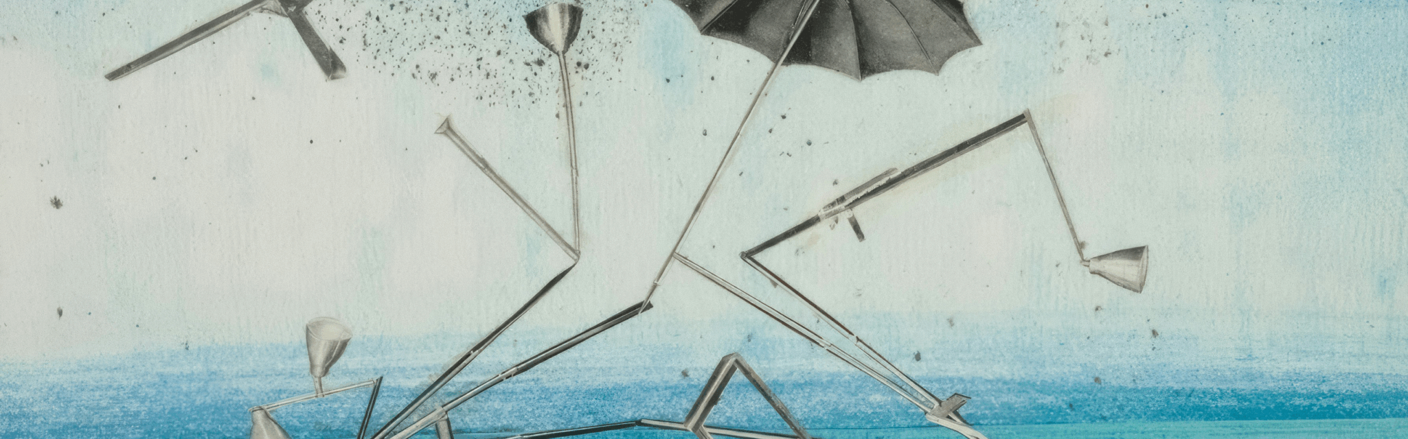 Digital illustration which shows a floating umbrella amidst floating machine parts above an abstract ocean-like field of blue