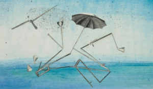 Digital illustration which shows a floating umbrella amidst floating machine parts above an abstract ocean-like field of blue